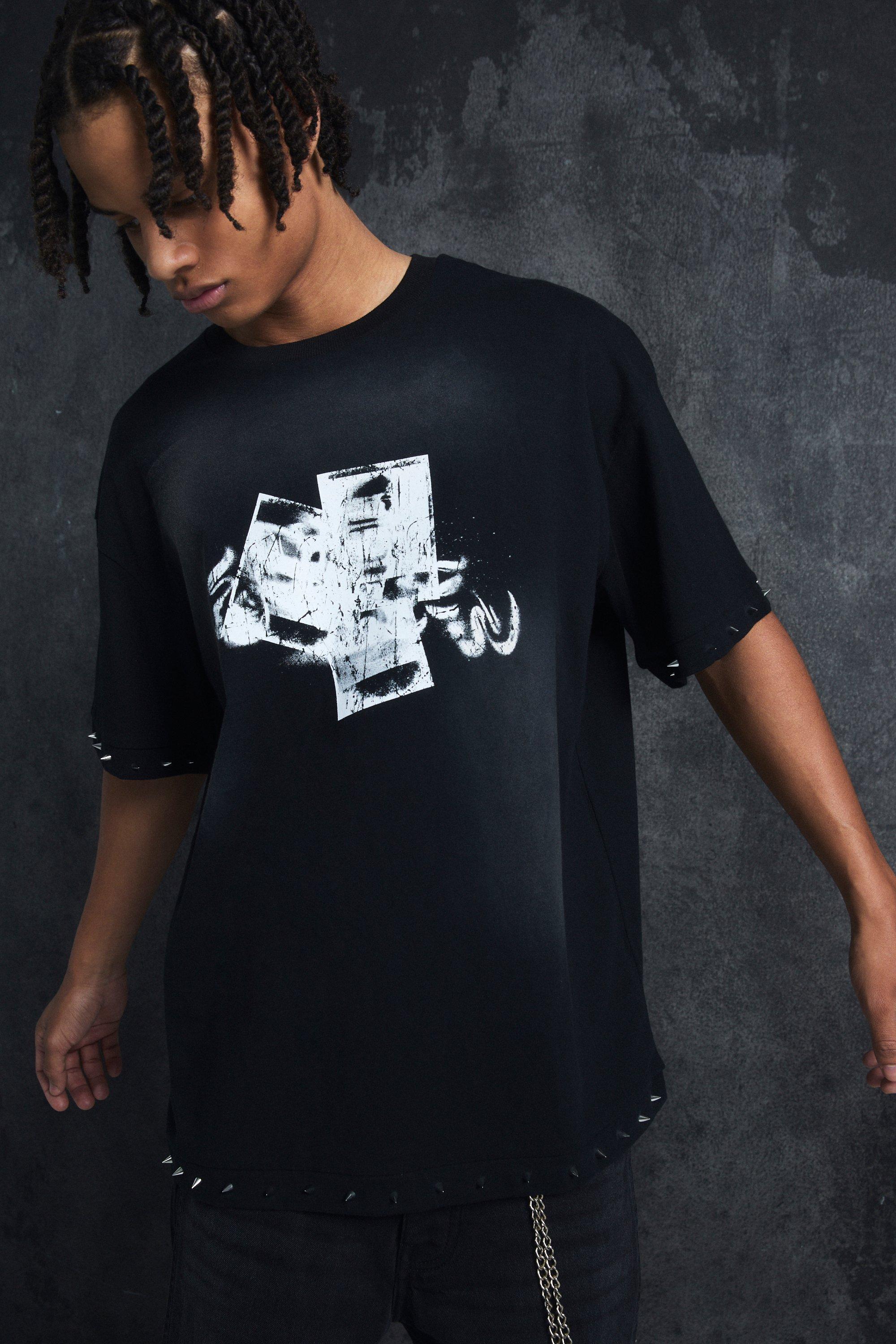 Trippie Redd Oversized Boxy Washed Heavy Weight Ring Detail T-Shirt | boohooMAN USA Product Image