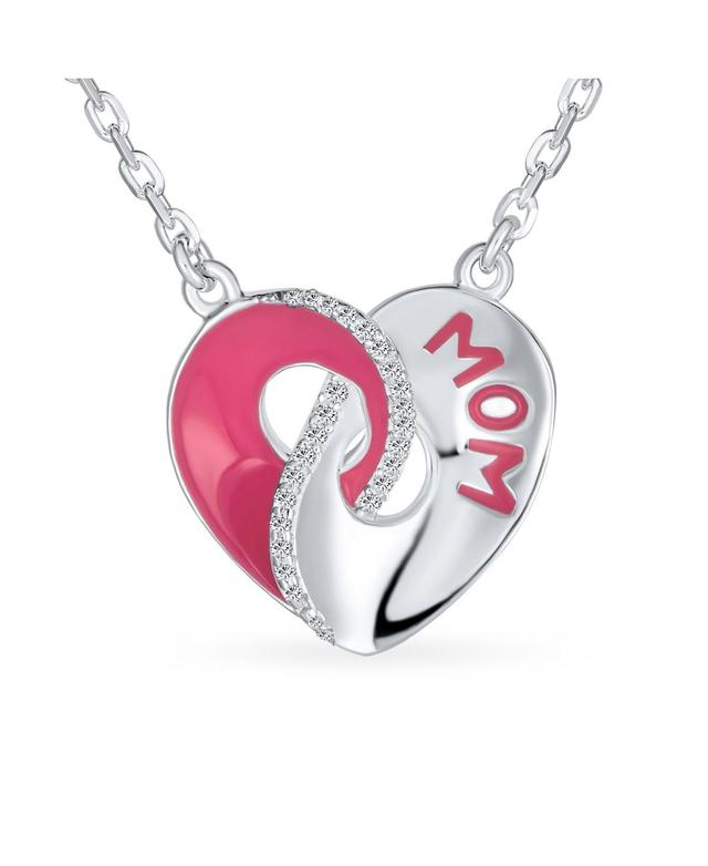 Bling Jewelry Crystal Accent 3D Interlocking Pink Enamel Heart Message Word Mom Heart Necklace Pendant For Women Mother .925 Sterling Silver - Two-ton Product Image