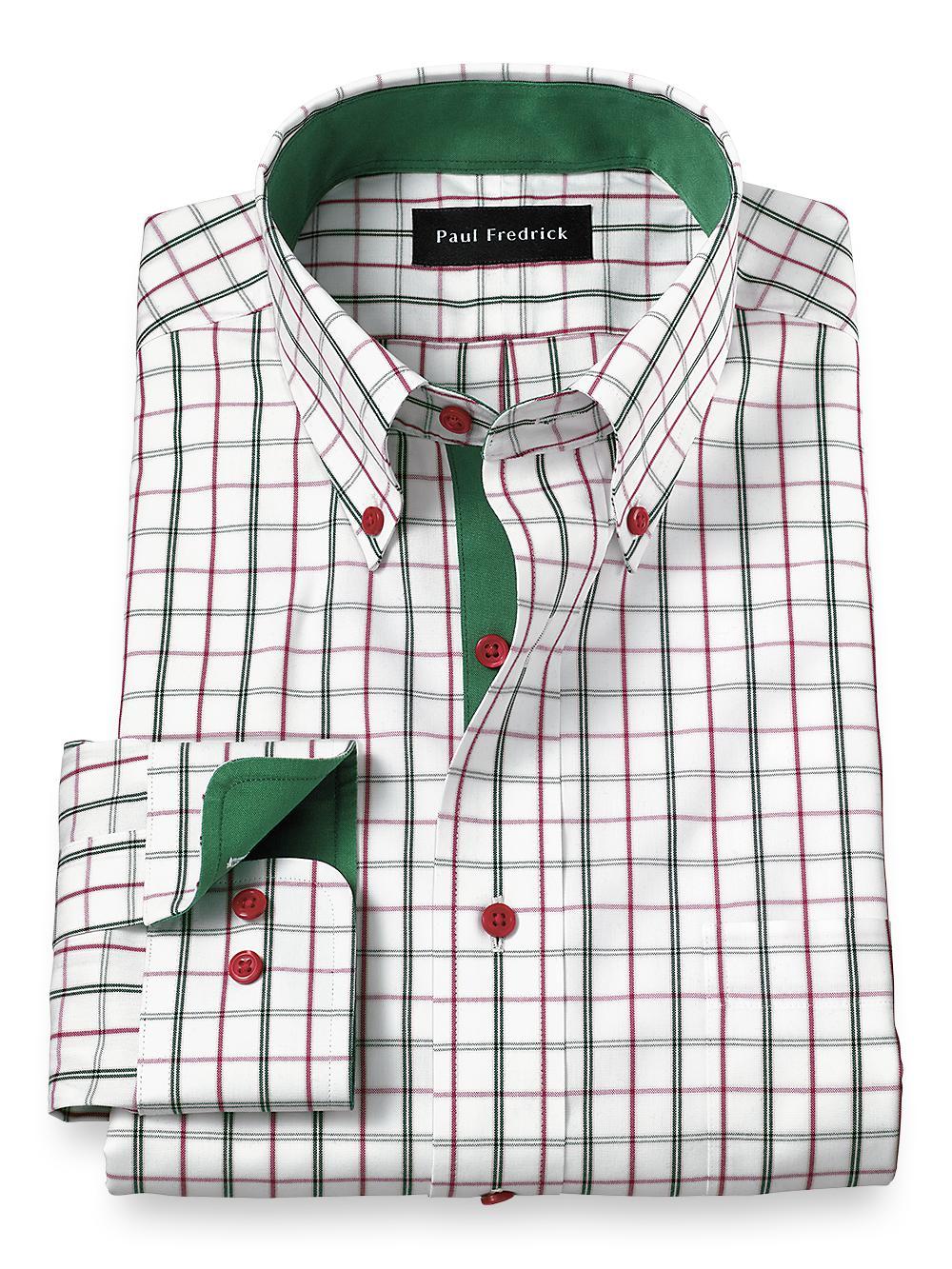 Non-Iron Cotton Windowpane Dress Shirt With Contrast Trim - Green Product Image