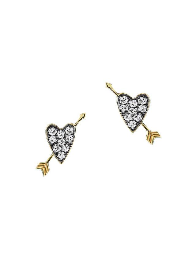 Womens 18K Yellow Gold & Diamond Heart & Arrow Stud Earrings Product Image