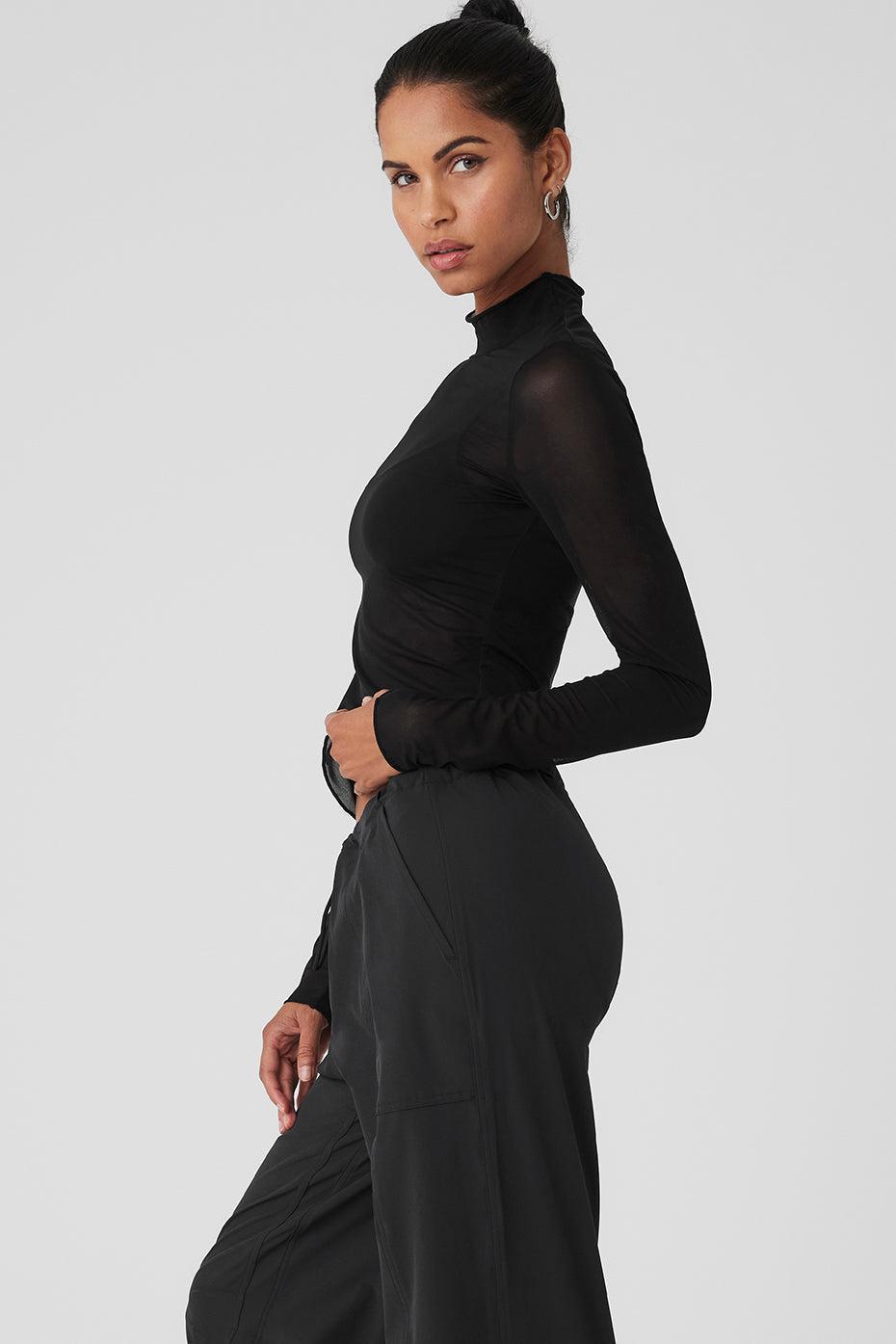 Mesh Sheer Illusion Mock Neck Long Sleeve - Black Product Image