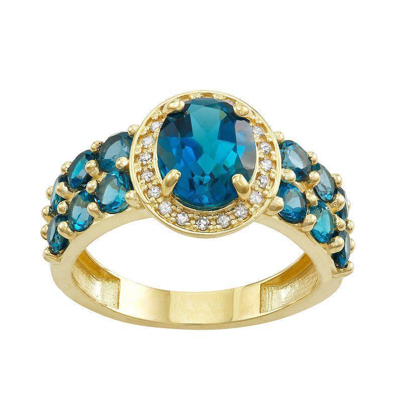 Tiara 10k Gold Gemstone & 1/10 Carat T.W. Diamond Oval Halo Ring, Womens Blue Product Image