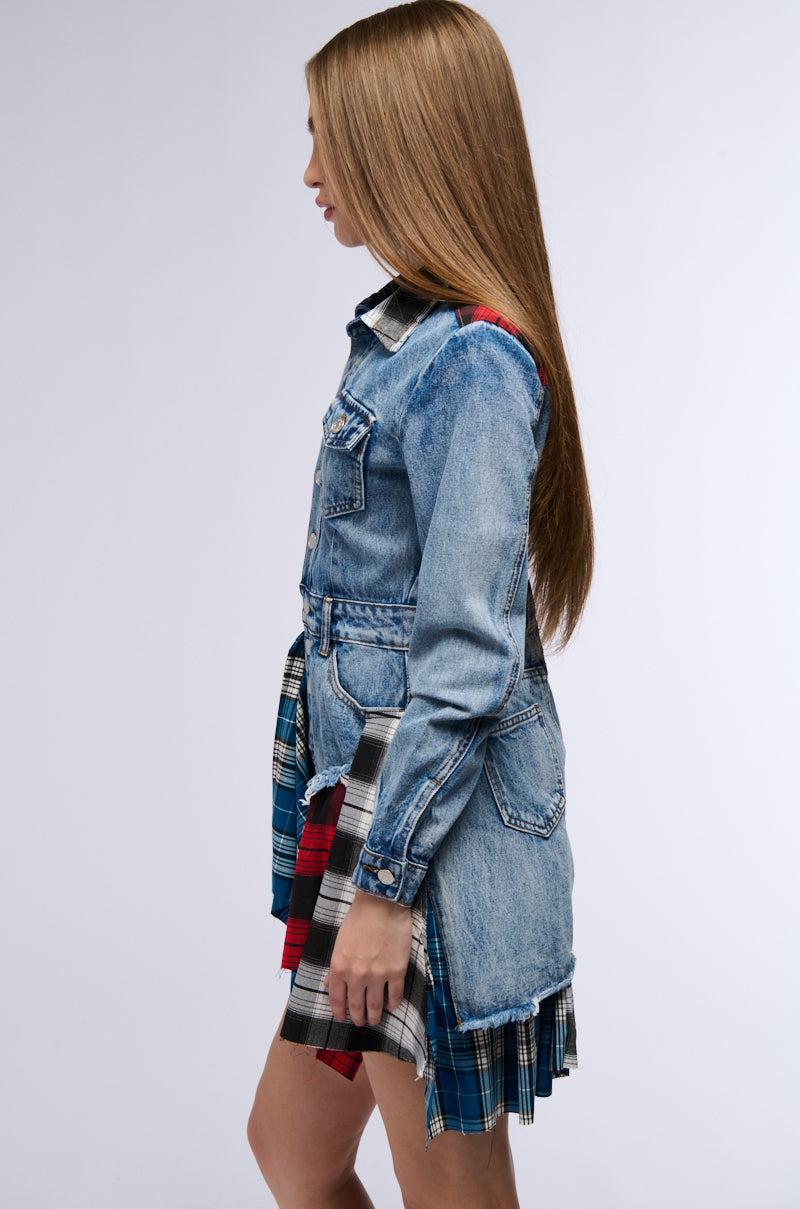 PATCHWORK PLAID DENIM MINI DRESS Product Image