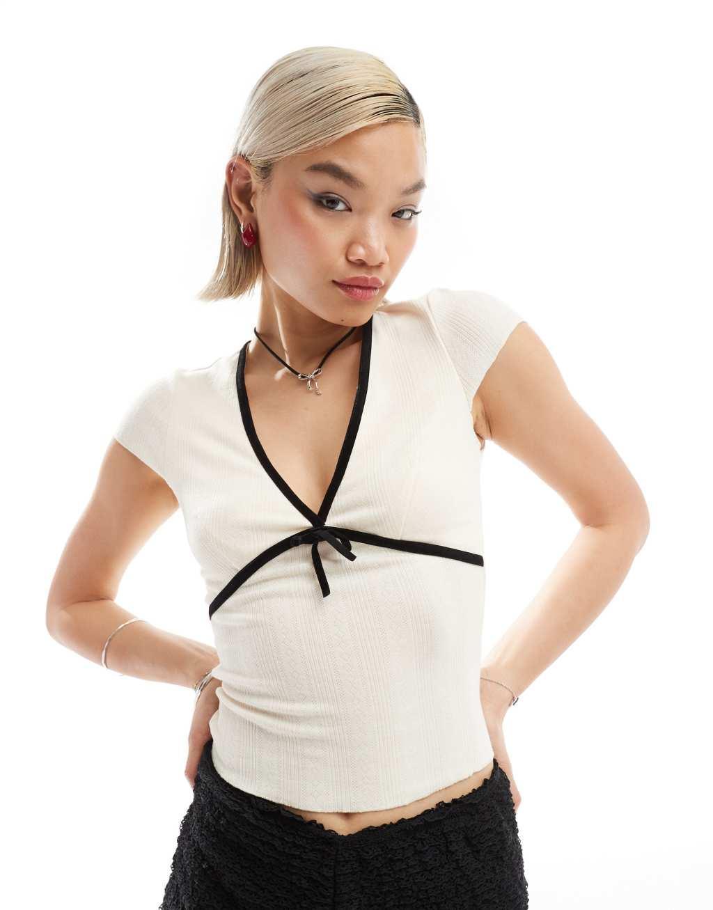 Glamorous v neck pointelle ribbed top with black contrast ribbon and bow Product Image