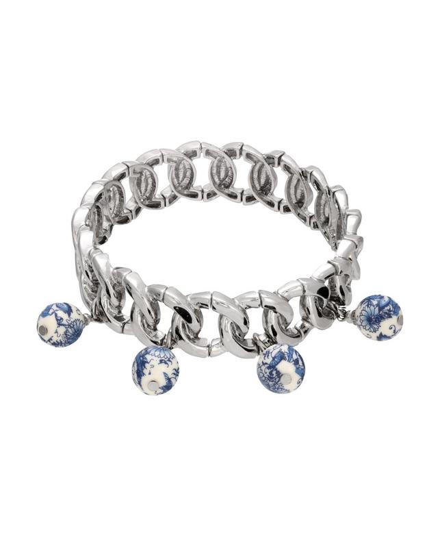 1928 Silver Tone Blue Floral Bead Stretch Bracelet, Womens Product Image