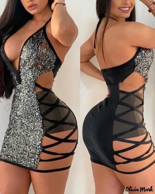 Olivia Mark – Contrast Sequin Halter Wrap Mini Dress Product Image