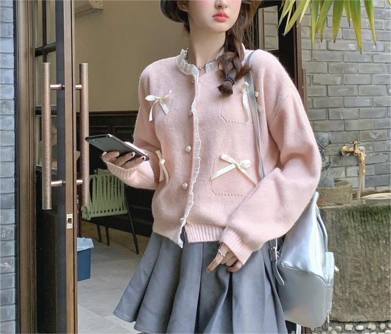 Bow Frill Trim Faux Pearl Button Cardigan Product Image