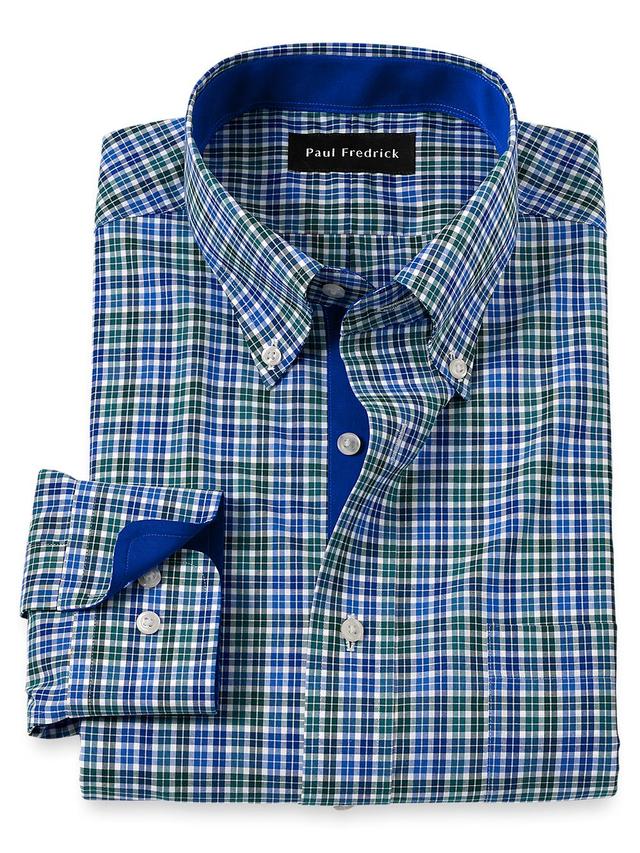 Non-Iron Cotton Check Dress Shirt With Contrast Trim - Blue/green Product Image