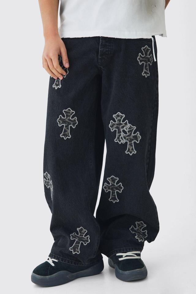 Baggy Rigid Leopard Cross Applique Denim Jeans | boohooMAN USA Product Image