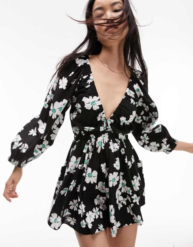 Topshop elasticated channel long sleeve romper in multi floral Product Image