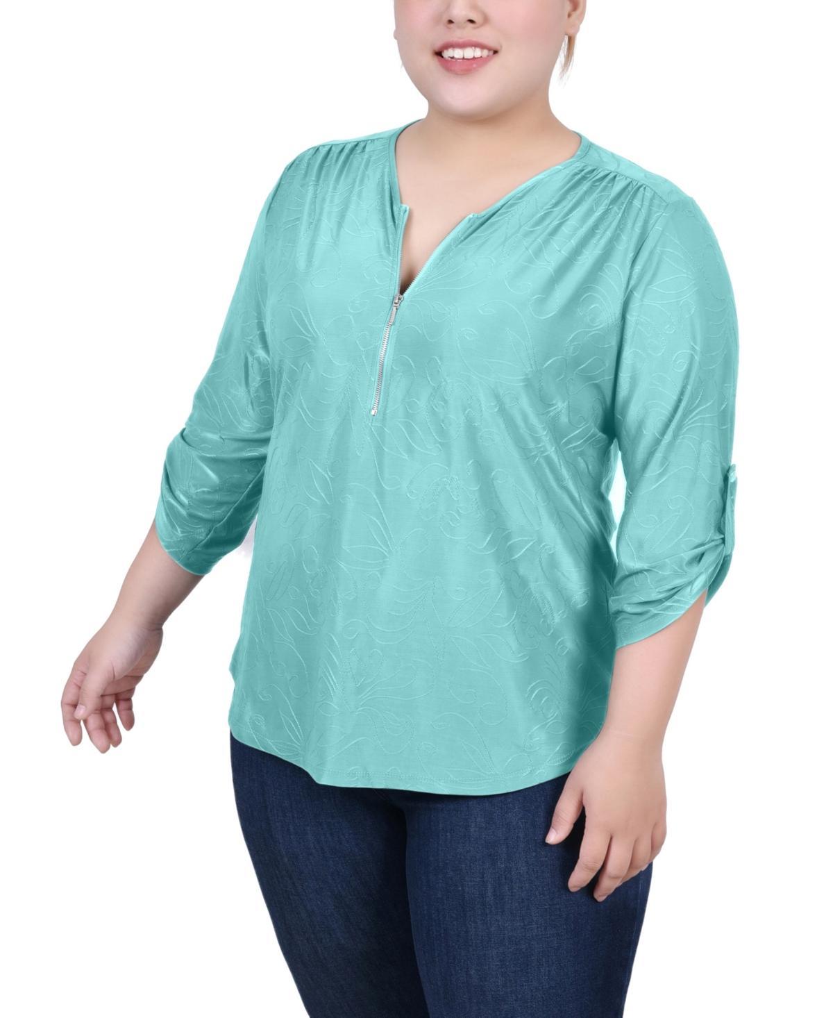 Ny Collection Plus Size 3/4 Roll Tab Zip Front Jacquard Knit Top Product Image