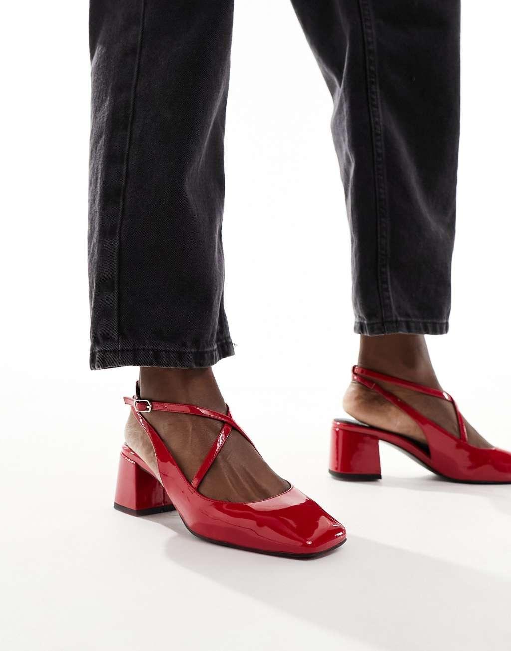 ASOS DESIGN Sawyer square toe block heeled mid shoes in red Product Image