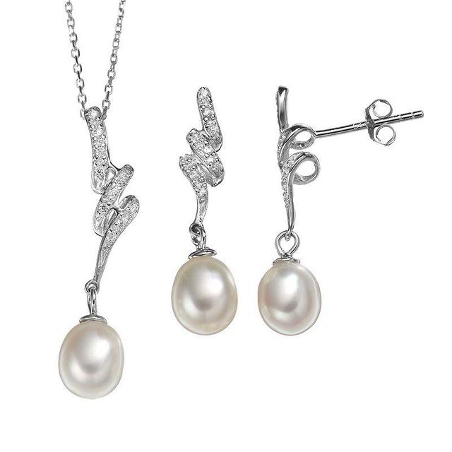 Freshwater Cultured Pearl & Cubic Zirconia Sterling Silver Twist Pendant Necklace & Drop Earring Set, Womens White Product Image