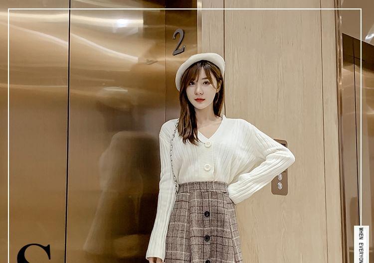 High Rise Plaid Button Accent Midi A-Line Skirt Product Image