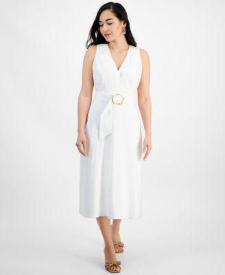 Petite Linen-Blend Belted Midi Dress, Created for Macy's Product Image