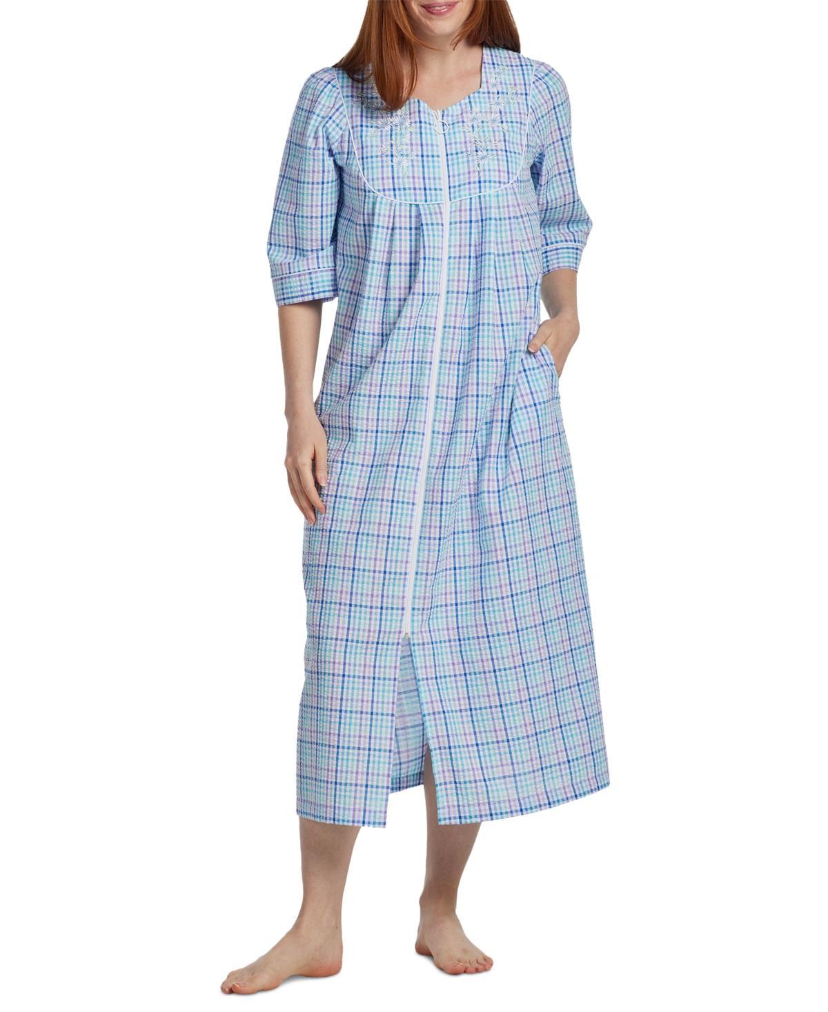 Miss Elaine Womens 3/4-Sleeve Plaid Zip Seersucker Robe Product Image