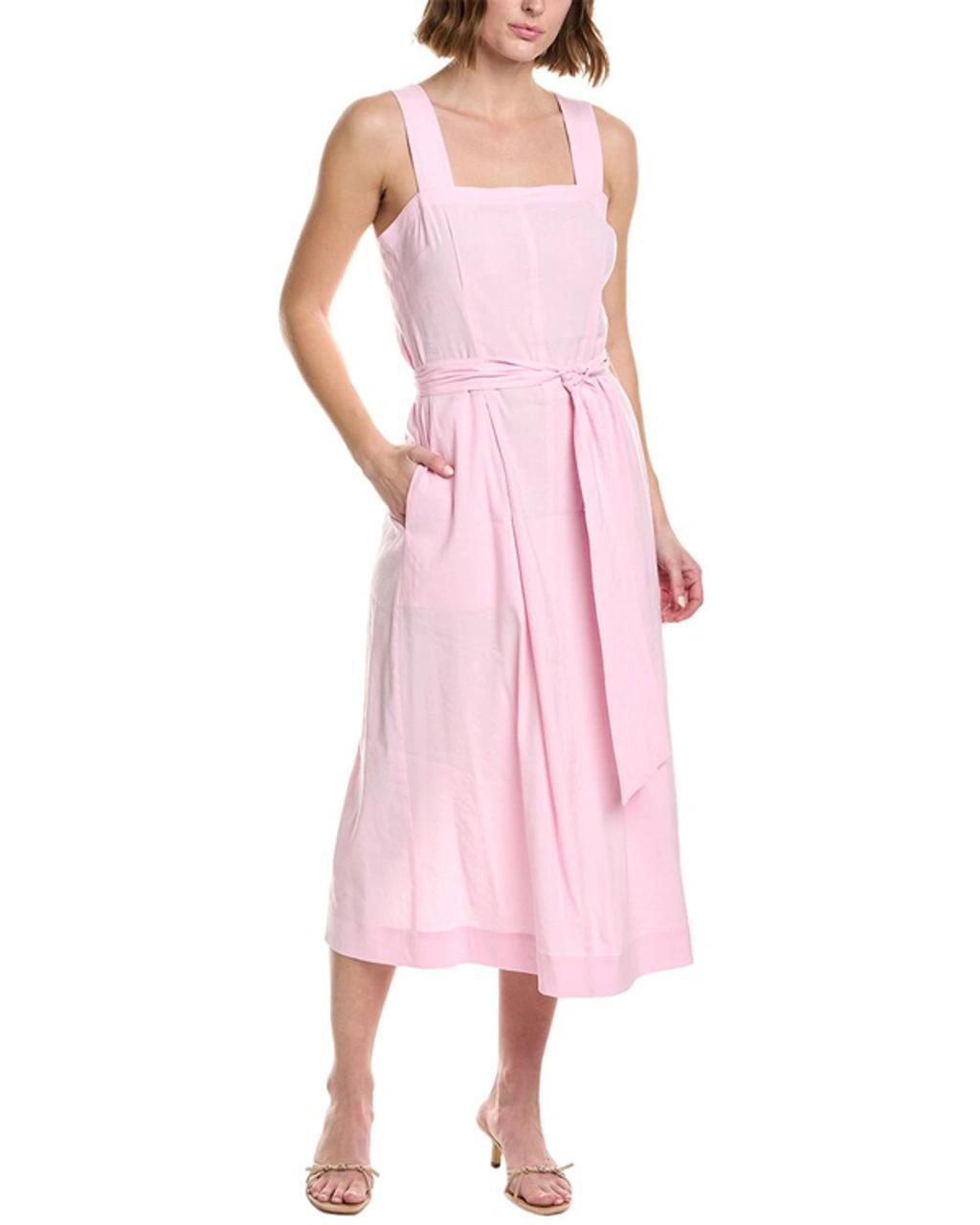 Belted Square Neck Linen-blend Midi Dress In Pink product image