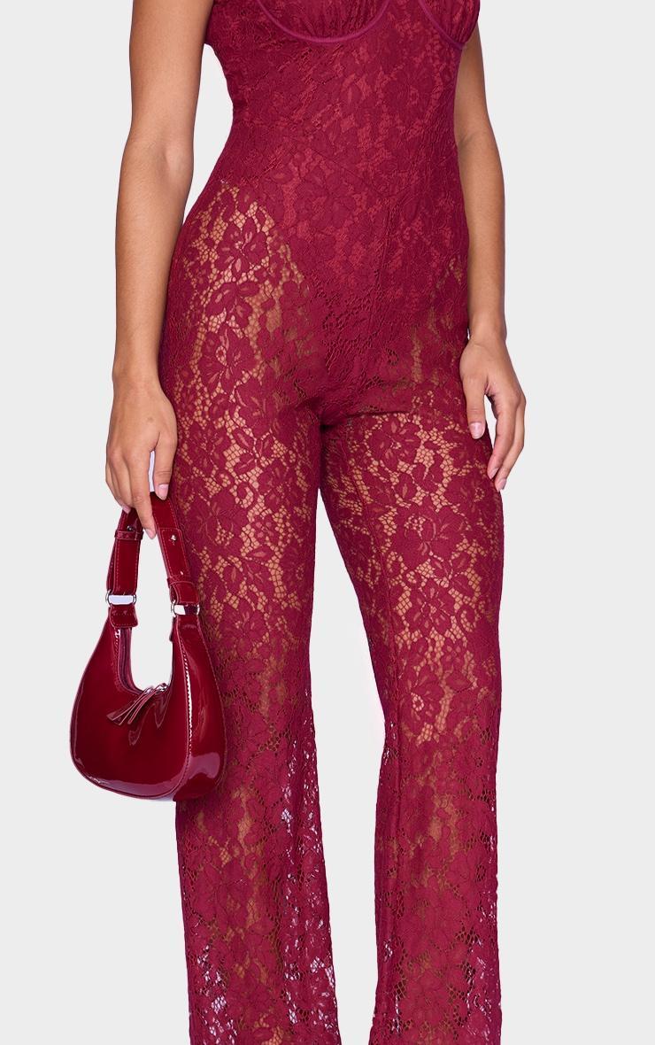 Burgundy Lace Boning Detail Strappy Flared Jumpsuit Product Image