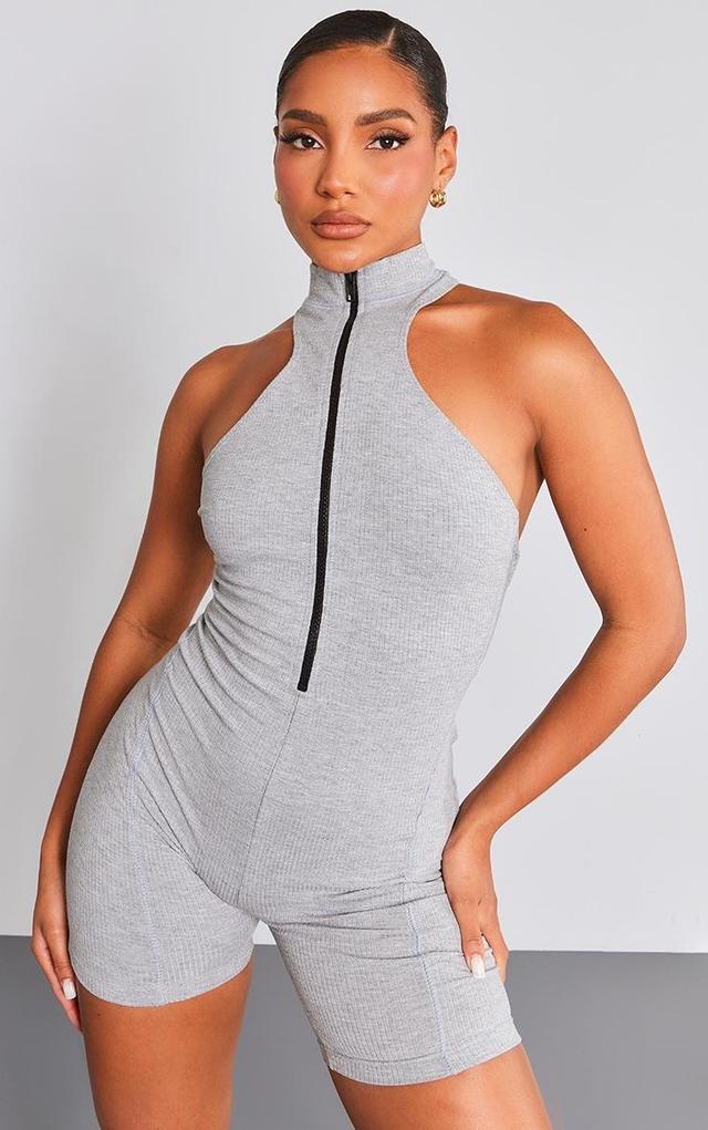 Grey Rib Zip Front Open Back Romper Product Image