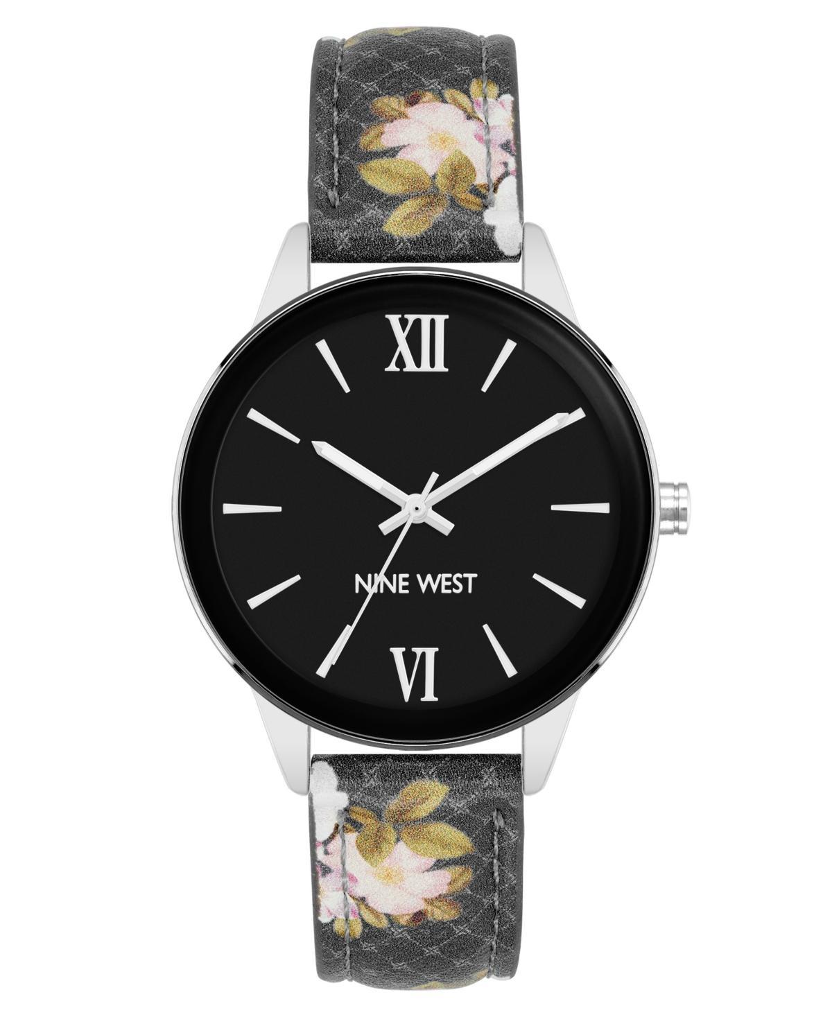 Nine West Womens Quartz Black Floral Pattern Faux Leather Band Watch, 36mm - Black Product Image