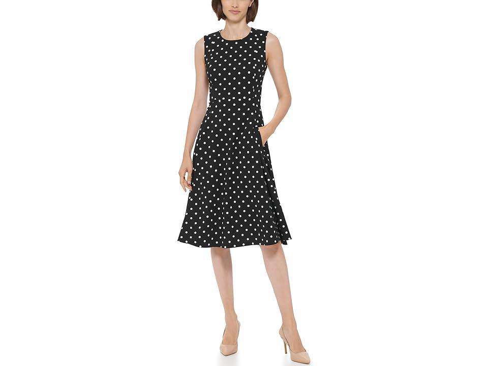 Calvin Klein Polka Dot Scuba Crepe Sleeveless Crew Neck Midi Dress Product Image