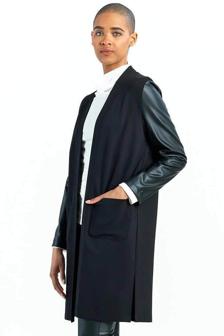 Ponte Knit Liquid Leather Sleeve Cardigan Product Image