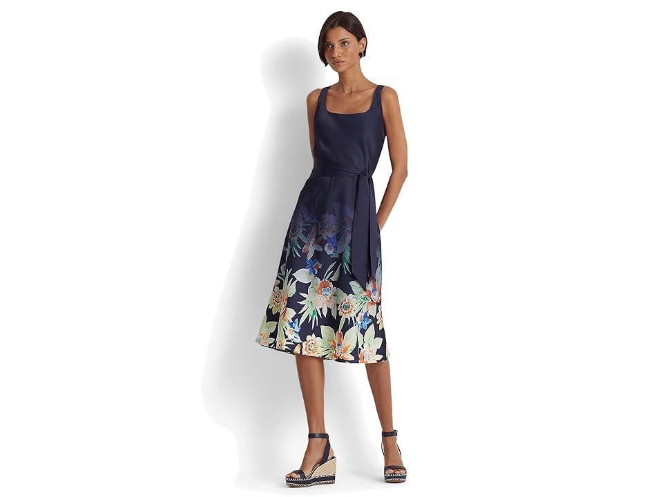 LAUREN Ralph Lauren Floral Belted Charmeuse Dress (Navy Multi) Women's Dress Product Image