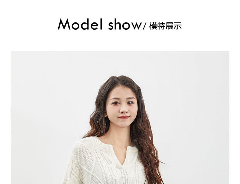 Notch Neck Plain Cable Knit Sweater Product Image