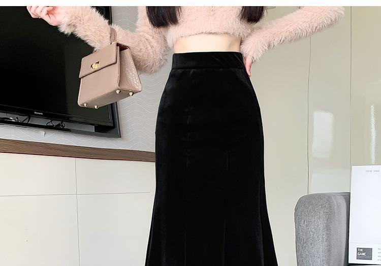 High Rise Velvet Lace Trim Midi Mermaid Skirt Product Image