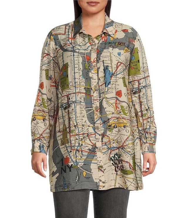 John Mark Plus Size Woven Novelty Map Print Point Collar Neck 3/4 Sleeve Button Front Long Tunic Product Image