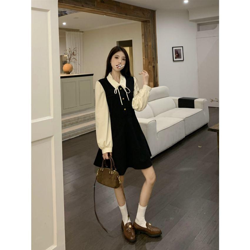 Mock Two-Piece Long-Sleeve Two Tone Mini A-Line Dress Product Image