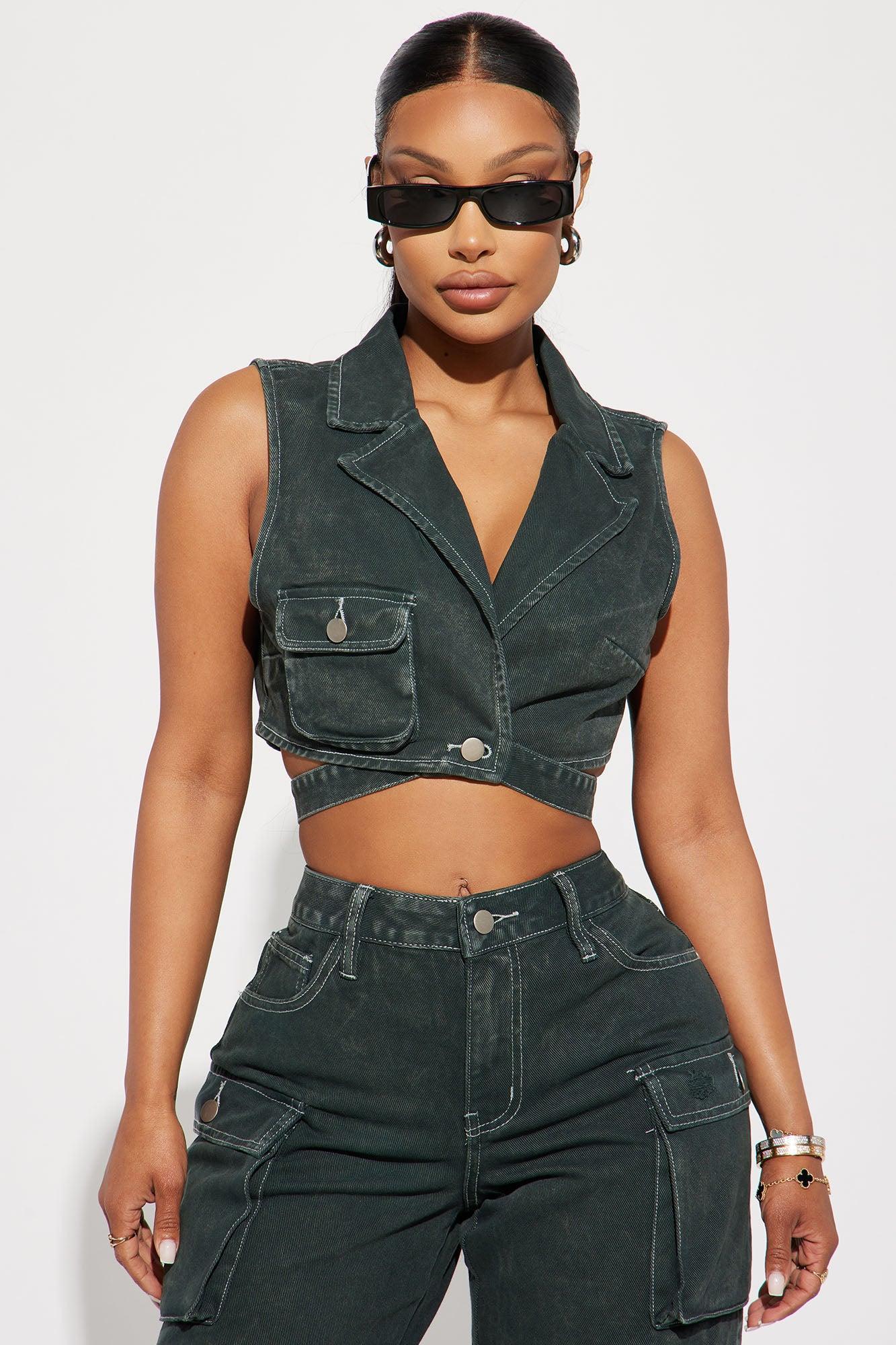 Billie Cargo Cropped Denim Vest - Green Product Image