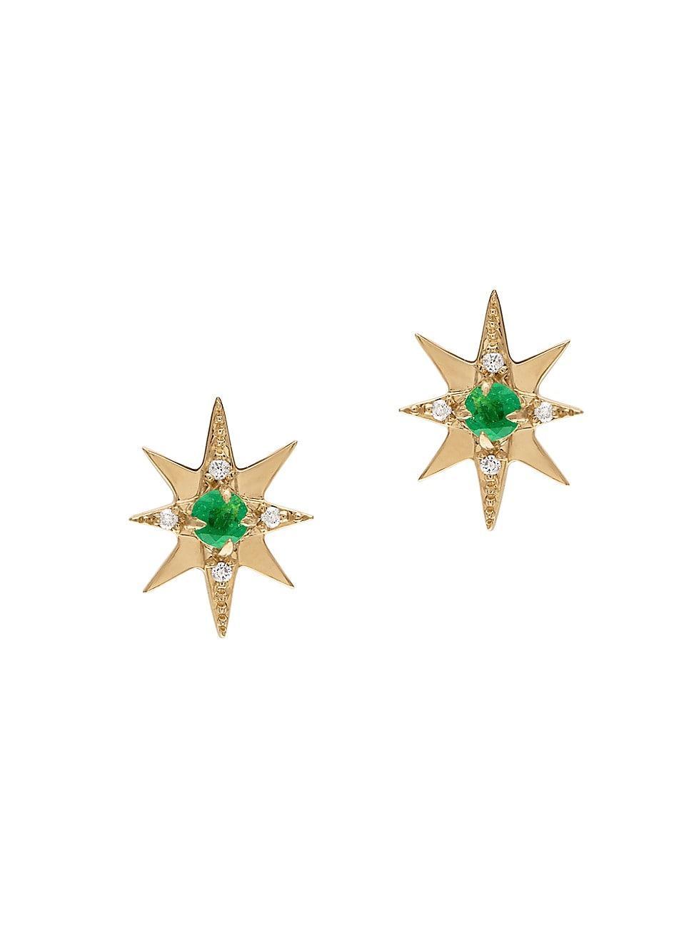 Womens Starburst Small 14K Yellow Gold, Emerald & 0.042 TCW Diamond Stud Earrings Product Image