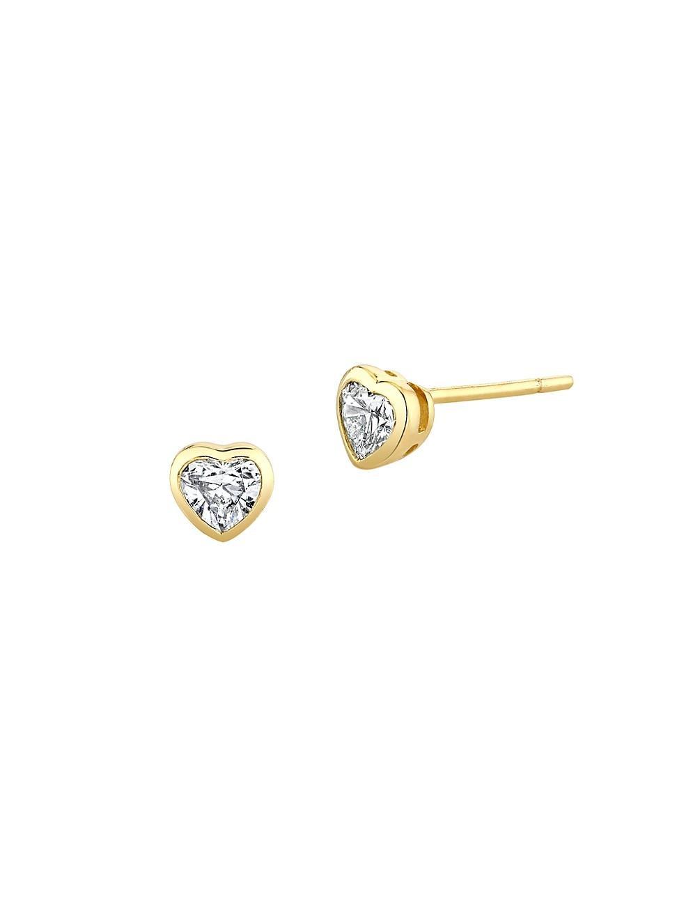 Womens 18K Yellow Gold & Diamond Heart Stud Earrings Product Image