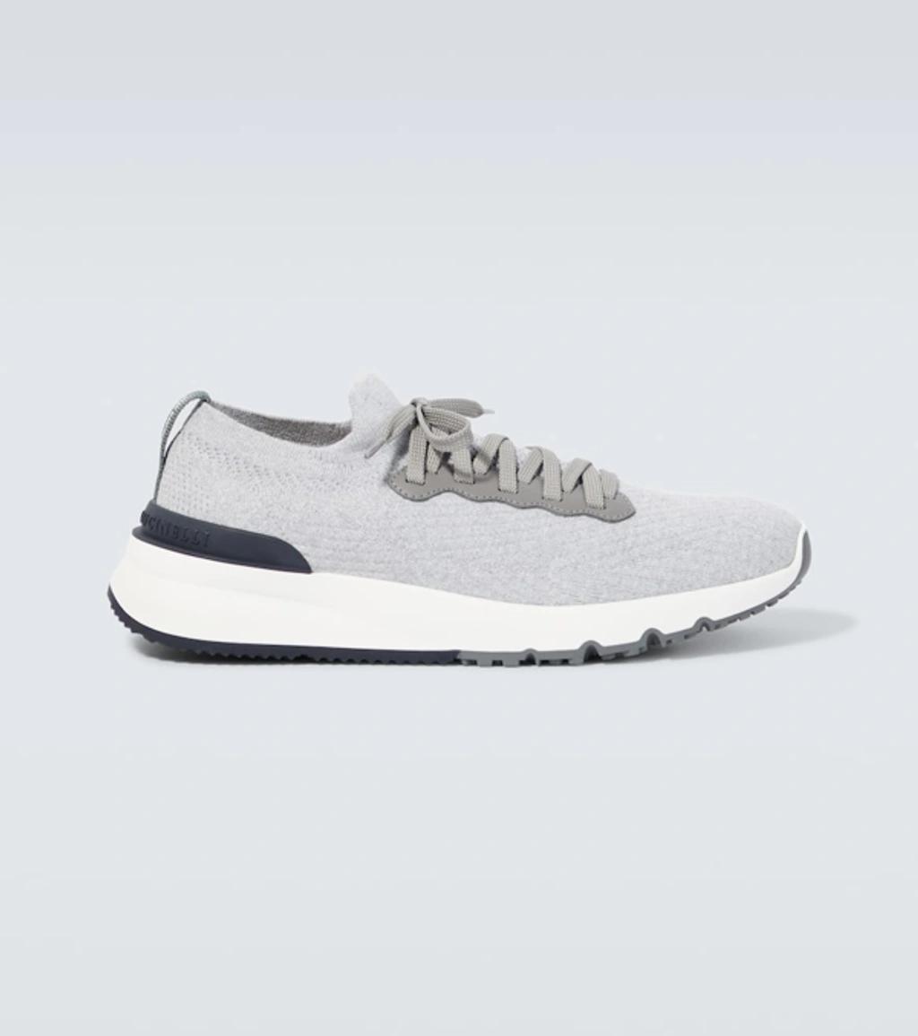 Leather-trimmed Stretch-knit Sneakers In Grey Product Image