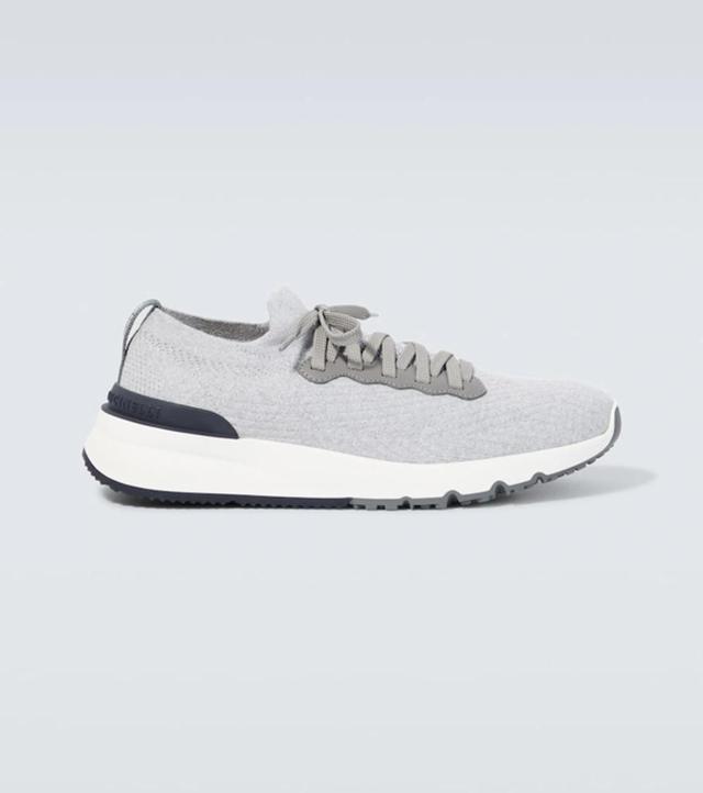 BRUNELLO CUCINELLI Leather-trimmed Stretch-knit Sneakers In Grey Product Image