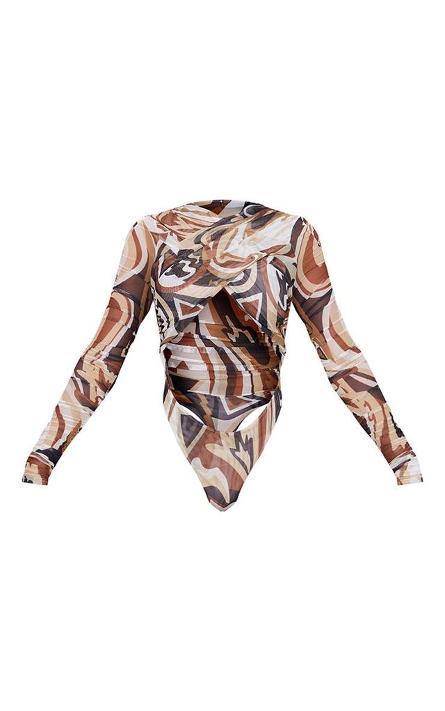 Chocolate Abstract Print Mesh Ruched Cross Over Bodysuit Product Image