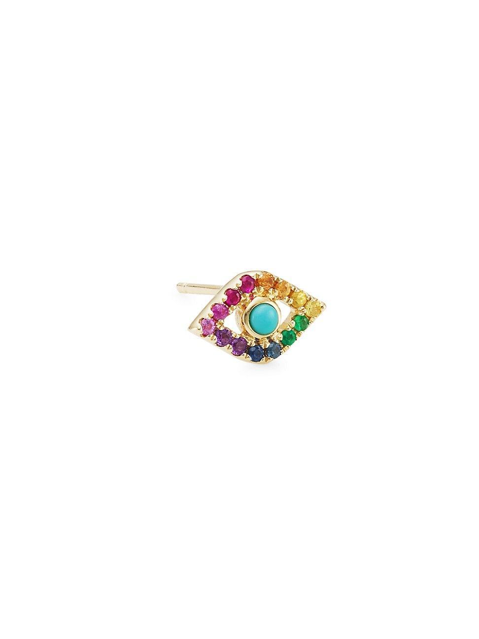 Womens 14K Yellow Gold & Multi-Stone Evil Eye Stud Earrings Product Image