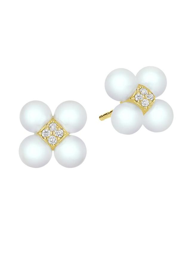 Womens Sequence 18K Yellow Gold, Akoya Pearl & 0.11 TCW Diamond Stud Earrings Product Image