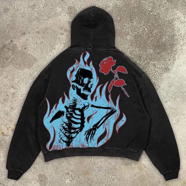 Rose Flame Skeleton Graphic Print Acid Wash Pullover Hoodie Product Image