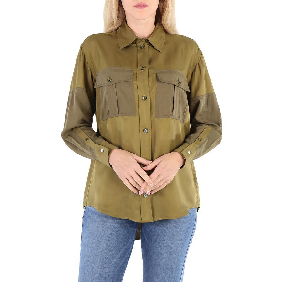 BURBERRY Ladies Dark Seaweed Green Ferne Panelled Oversized Shirt Product Image