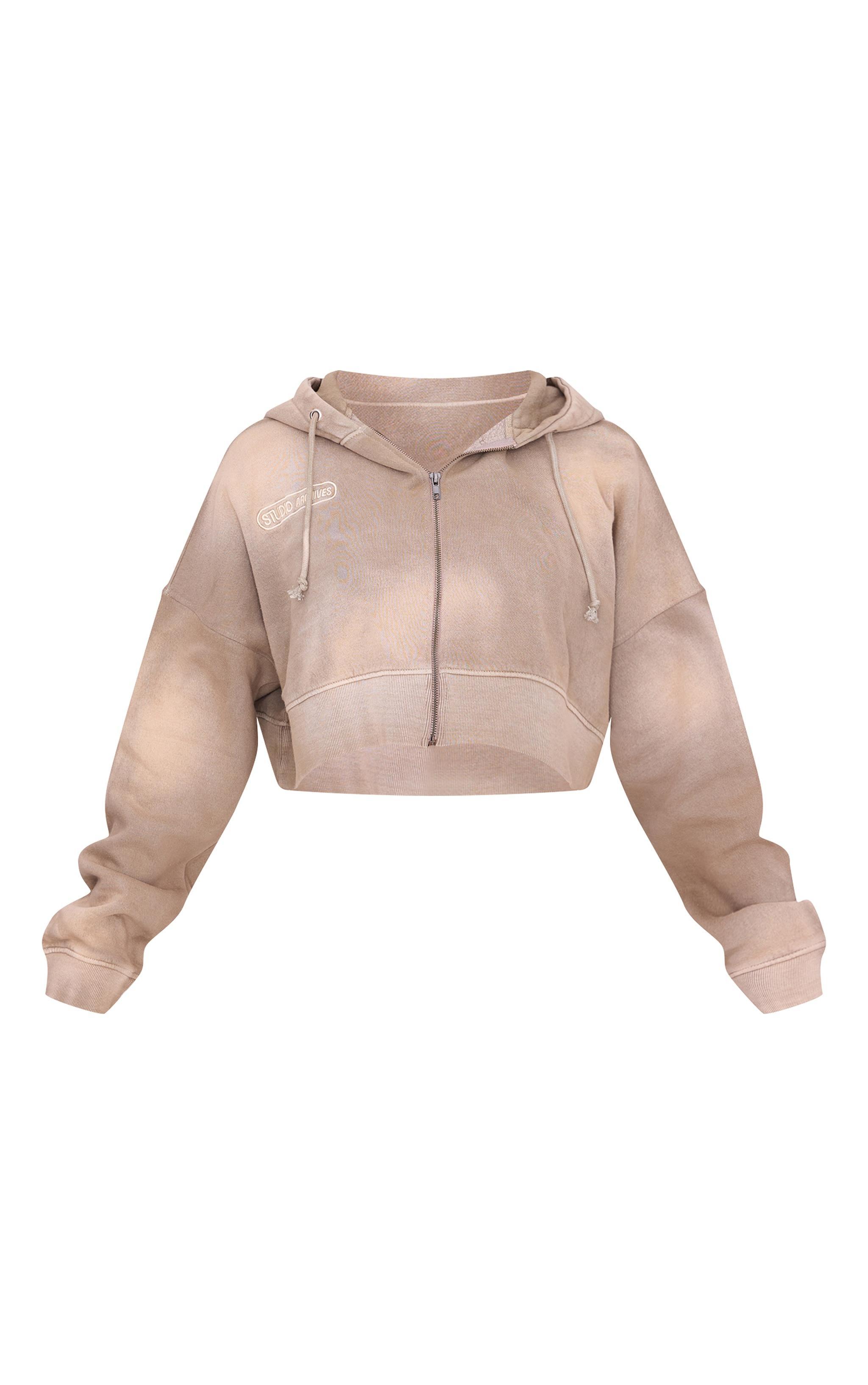 Brown Sun Bleached Cropped Zip Through Hoodie Product Image