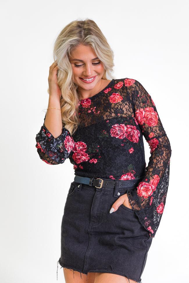 Make You Mine Black Floral Bell Sleeve Lace Top FINAL SALE Product Image