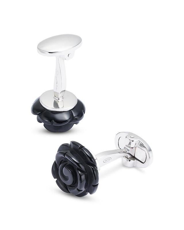 Mens Black Onyx & Sterling Silver Carved Rose Cufflinks Product Image