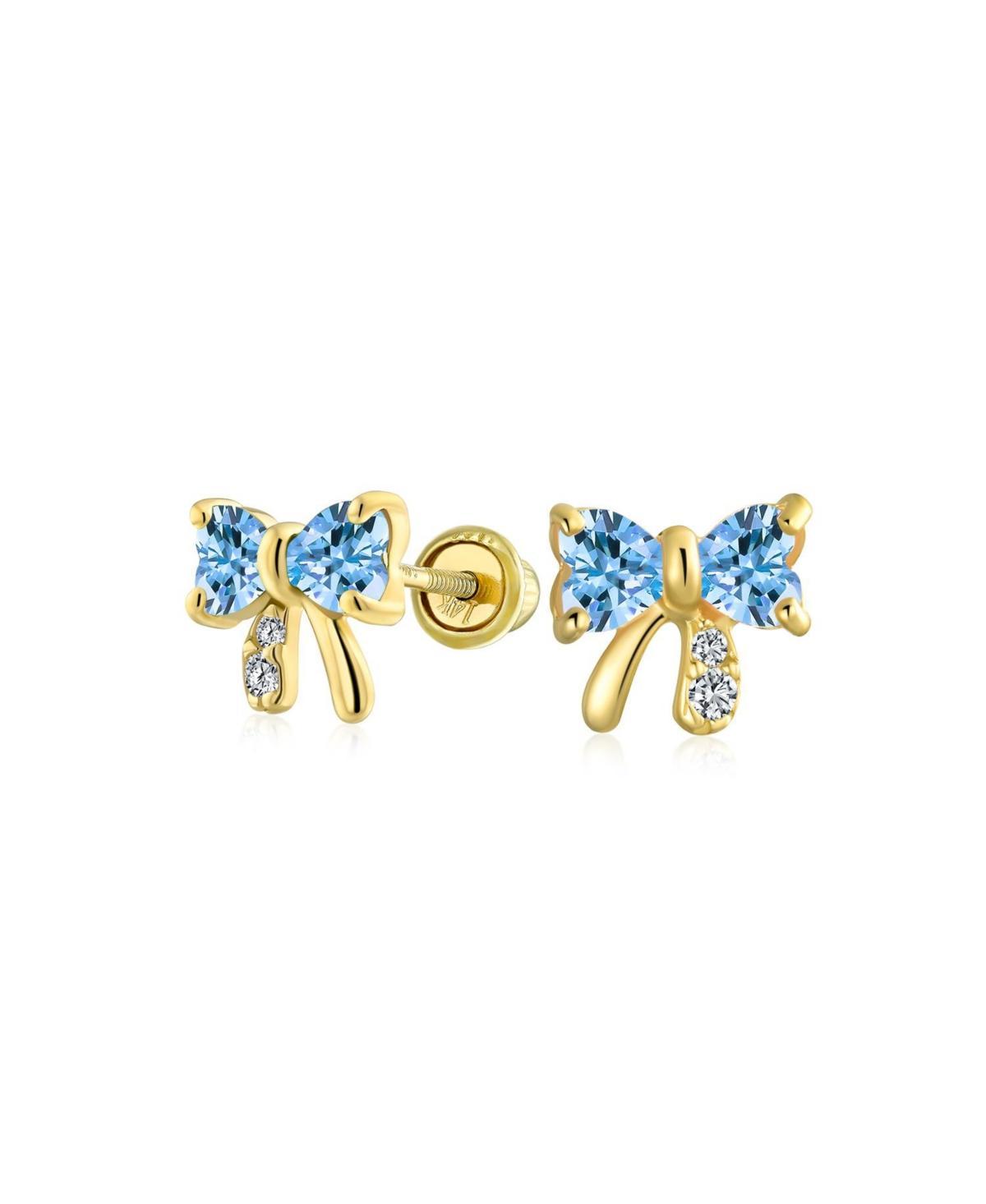 Tiny Minimalist Cubic Zirconia London Blue Simulated Topaz Cz Ribbon Bow Stud Earrings For Women Real 14K Gold Screw back Product Image