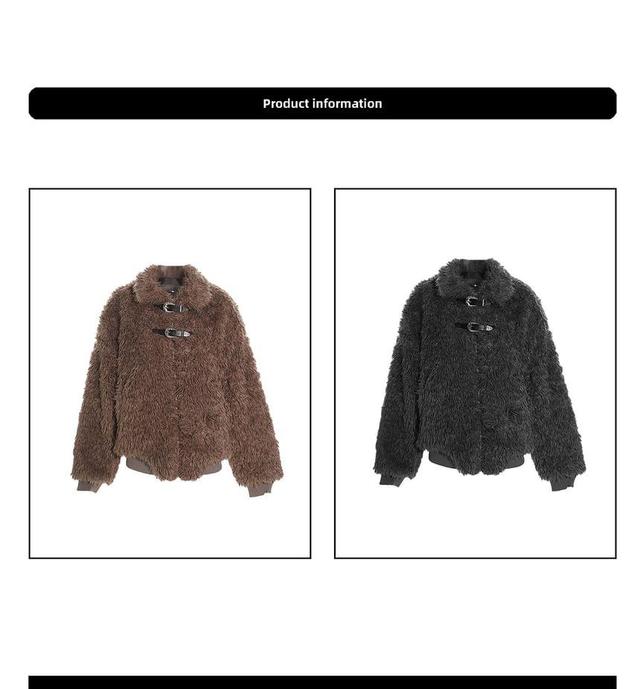 Collared Plain Fluffy Buckled Zip Jacket Product Image