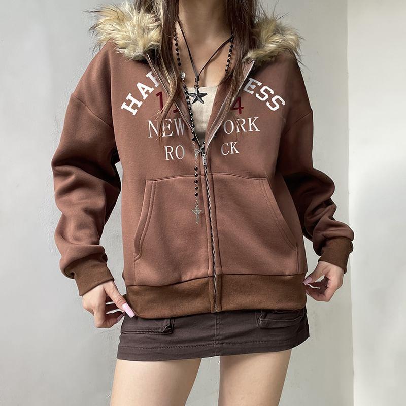 Fluffy Trim Lettering Zip Up Hoodie Product Image