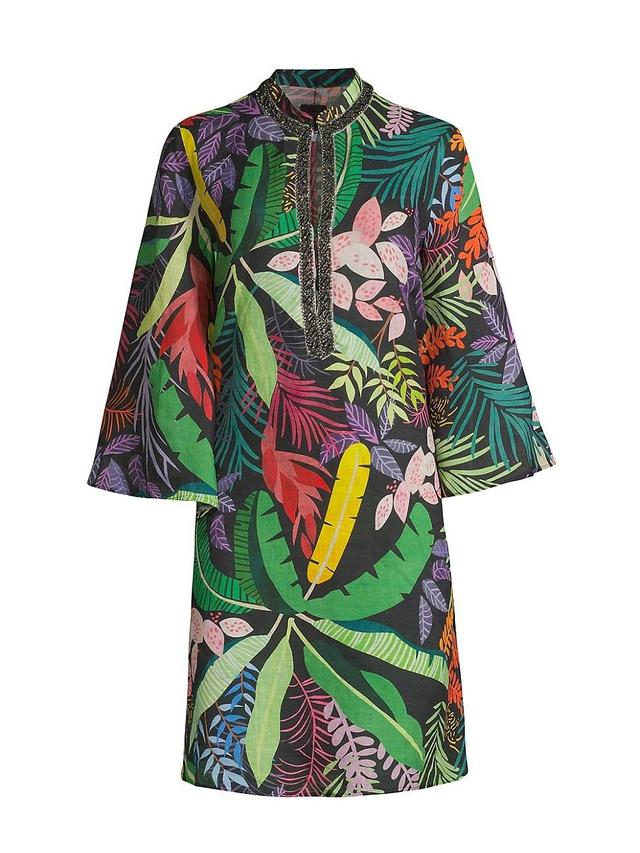 Womens Embellished Jungle-Print Linen Dress Product Image