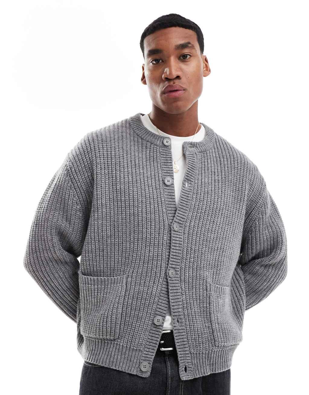 ASOS DESIGN oversized boxy fit heavyweight knitted wool mix crew neck cardigan in light gray heather Product Image