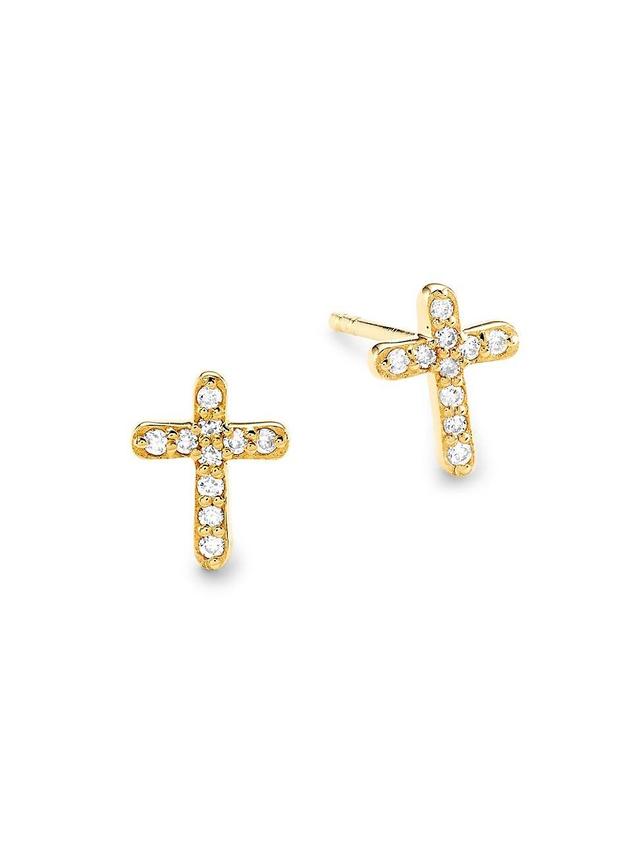 Womens 14K Yellow Gold & 0.13 TCW Diamond Cross Stud Earrings Product Image